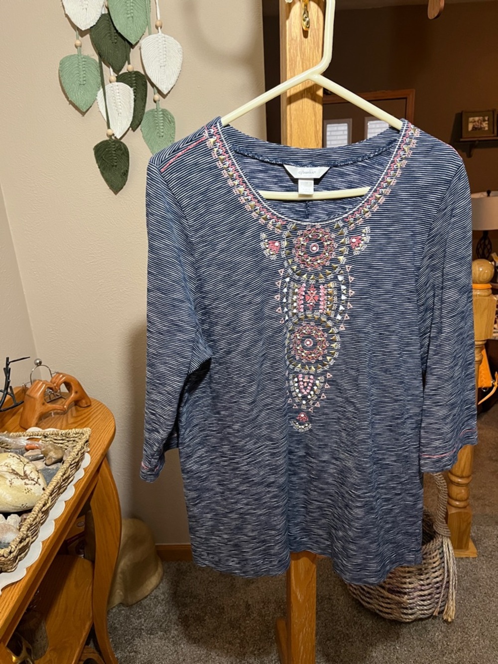 CJ Banks Navy Stripe Long Sleeve Tee with Pink Embroidery